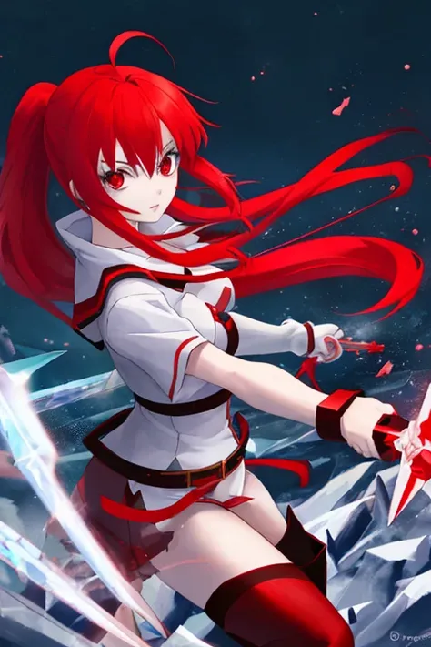 Red hair anime girl, with ice blade, red eyes