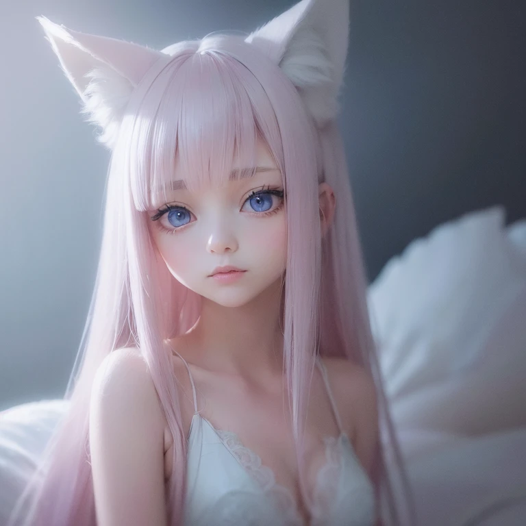 (solo girl, beautiful detailed eyes, long eyelashes, pastel pink long hair, blue eyes, light skin, fox ears, fox tail, dreamy atmosphere, soft and gentle lighting, ethereal background elements, serene expression, delicate features, delicate attire, peacefu...