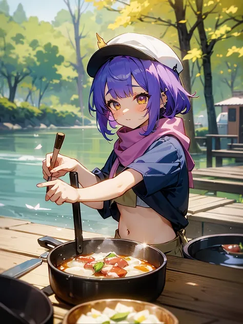 campしている女の子、Inner color mesh purple、two tone hairstyle、Scarf、golden eyes、horn、My eyes are sparkling、ear piercing、bellflower flower、belly button、ingredients、cooking、camper、Spring Cap、camp、Cherry Blossom、nature、bonfire、camp飯、camp道具、sunny、frying pan、pot、toast...