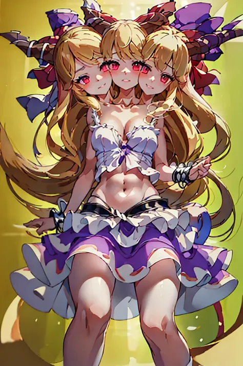 (masterpiece, best quality), best quality, (ultra-detailed), (3heads:1.5), 1girl, (suika ibuki:1.3), masterpiece, (best quality:1.5, highres, UHD), highres, absurdo, ultra detail, ultra quality, Ultra resolution, tattered pale pink top, crop top, ((stomach...