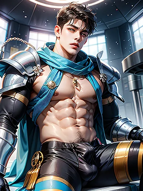 man with halo armor,  in a space base,Slightly rusty aura armor, professional photos, Milky Way Arav, a man with a necklace made of blue crystals on his neck and torso, shirtless., have a belly, Sit comfortably while spreading your legs., (fat(from below:1...