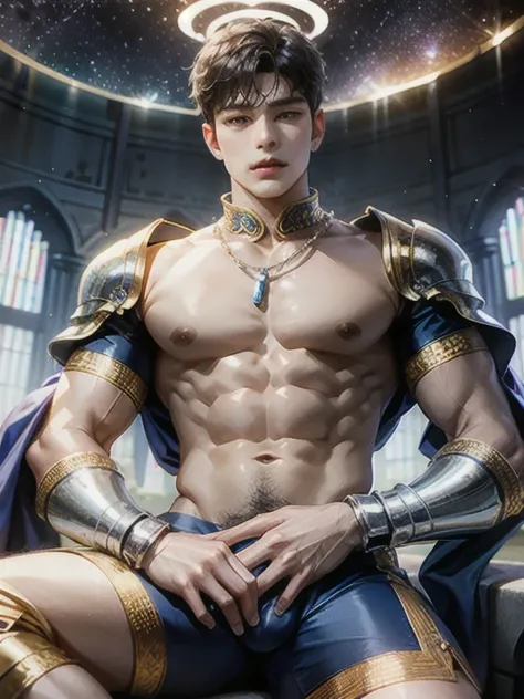 man with halo armor,  in a space base,Slightly rusty aura armor, professional photos, Milky Way Arav, a man with a necklace made of blue crystals on his neck and torso, shirtless., have a belly, Sit comfortably while spreading your legs., (fat(from below:1...