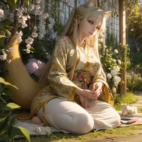 (best quality,4k,8k,highres,masterpiece:1.2),ultra-detailed,(realistic,photorealistic,photo-realistic:1.37),portraits,pastel colors,soft lighting,fantasy atmosphere,girl with fox ears and tail,peaceful garden setting,golden sunset,flowing cherry blossom tr...