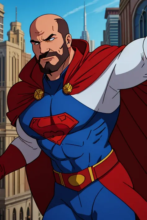 Male superhero, James A. Garfield face and facial hair, (red, white, and blue) superhero costume, ((G emblem on chest)), cape, middle age, flying, located in city.