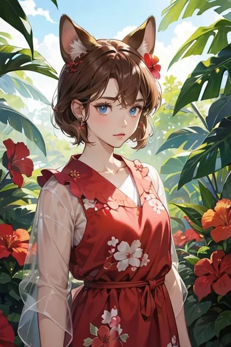 June is a light brown cub with dark brown hair and ears. She wears a red hibiscus in her hair and the insides of her ears are pink. She also has blue eyes and the tips of her paws are cream. June wears the Red Aloha Shirt in Animal Crossing, the Garden Tan...