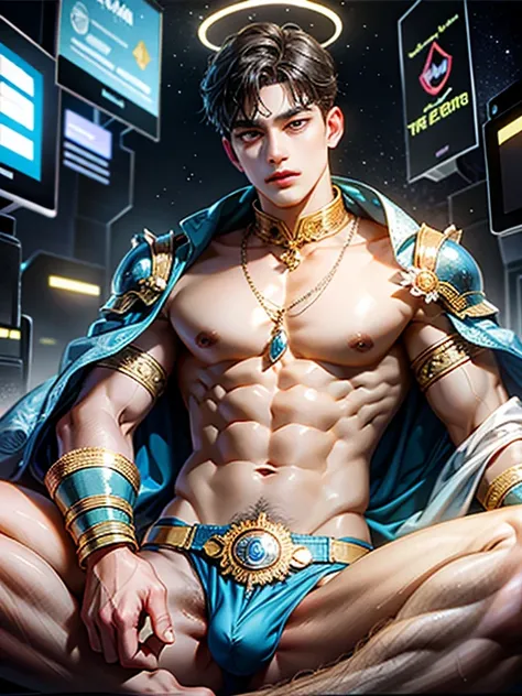 man with halo armor,  in a space base,Slightly rusty aura armor, professional photos, Milky Way Arav, a man with a necklace made of blue crystals on his neck and torso, shirtless., have a belly, Sit comfortably while spreading your legs., (fat(from below:1...