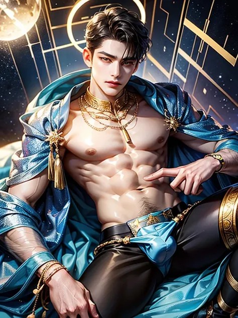 man with halo armor,  in a space base,Slightly rusty aura armor, professional photos, Milky Way Arav, a man with a necklace made of blue crystals on his neck and torso, shirtless., have a belly, Sit comfortably while spreading your legs., (fat(from below:1...