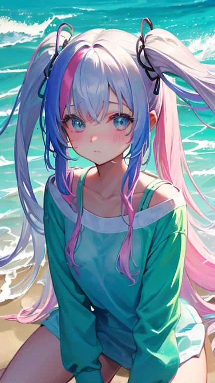 (rainbow colored hair, colorful hair, half silver、half pink hair: 1.2), ,long hair、(cinematic digital artwork: 1.3), high qualit...