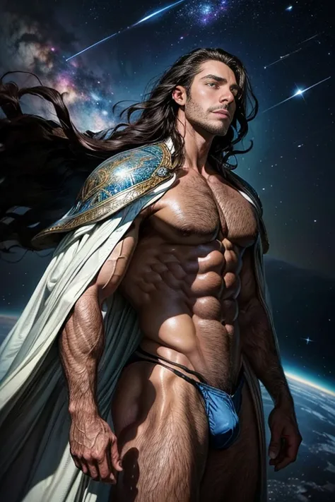 (masterpiece, high resolution, detailed:1.3), a mesmerizing depiction of a (strikingly handsome young man:1.2) donning (sleek and form-fitting thong, bulge:1.2), standing against the backdrop of the vast and mysterious cosmos. His (toned physique:1.2) is b...