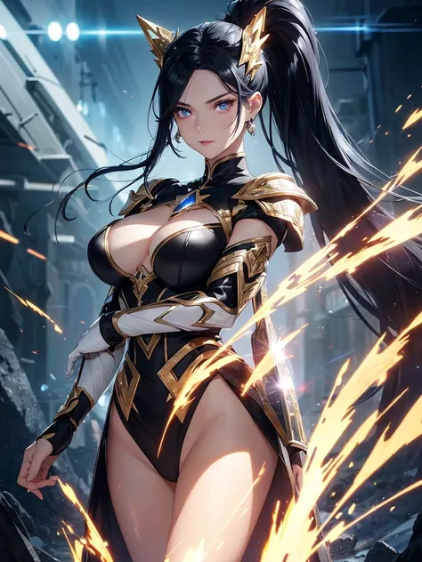 a mature woman, Confident, mighty and strong, (black blue hair streaked sky blue luminous hair), ((Extra long high ponytail with single side ear front hair combed in back)), floating hair, hair strand, shiny hair, blue amber eyes, pupils sparkling, aqua ey...