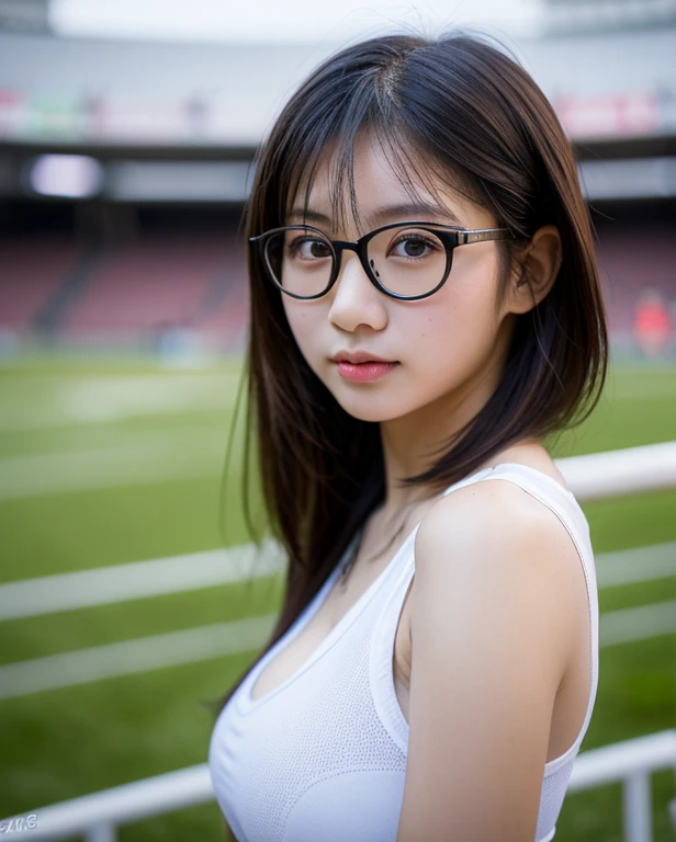 ((highest quality、8K、masterpiece、portrait:1.3)), lively, realistic, Super detailed,  gravure lighting，15 year old simple Japanese woman, young face、height: 155cm wear glasses,wear glasses,plump body, beautiful huge saggy breasts, cleavage, Beautiful should...