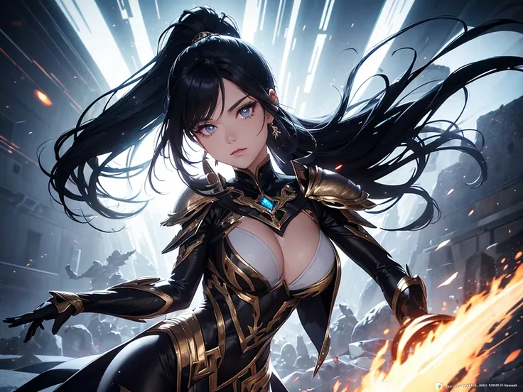 a mature woman, Confident, mighty and strong, (black blue hair streaked sky blue luminous hair), ((Extra long high ponytail with single side ear front hair combed in back)), floating hair, hair strand, shiny hair, blue amber eyes, pupils sparkling, aqua ey...