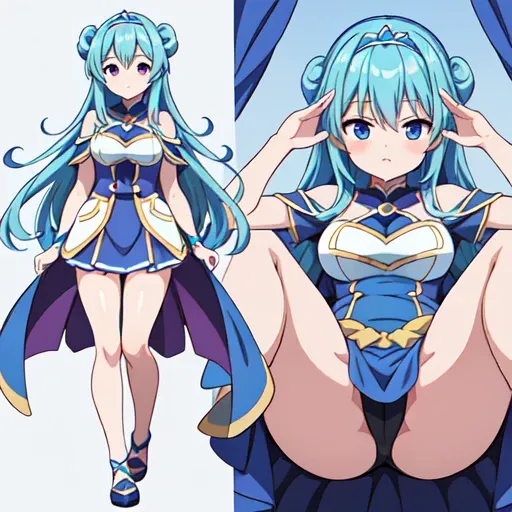 anime character of a woman in a blue dress and a blue cape, anime girl named lucy, holding a pudica pose, anime moe artstyle, anime goddess, cute anime waifu in a nice dress, , pudica pose, the anime girl is crouching, anime visual of a cute girl