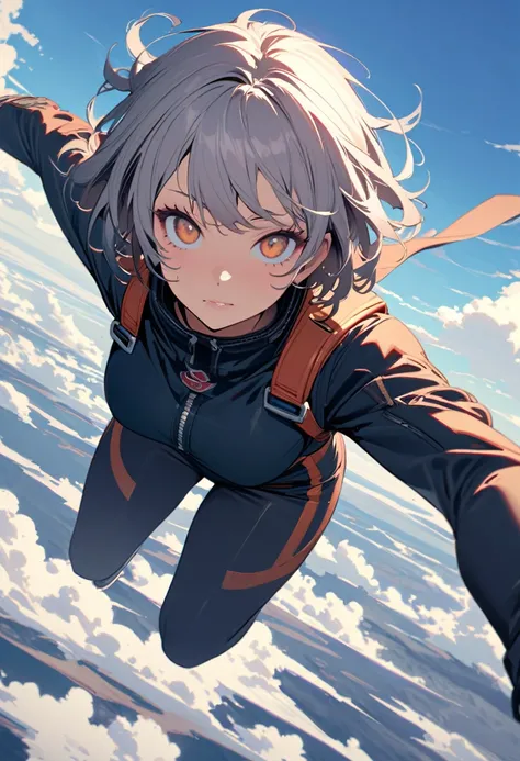 masterpiece, high quality, Super detailed, alone, woman, super detailed illustrations, realistic, dynamic angle, short hair, Rough hairstyle, beautiful eyes, active woman, ((jump from an airplane)), Do skydiving, beautiful sky, detailed clouds, cool perfor...