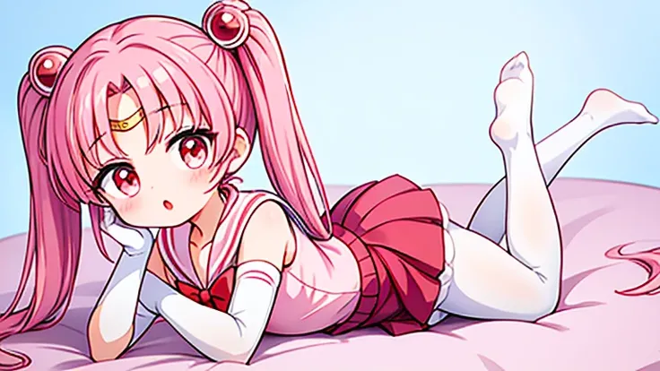 sailor moon，Cute little loli，Pink hair twintails，red eyes，Sailor suit，bow tie，White elbow gloves，red skirt，no shoes，white pantyhose，Open your mouth，lol，lying down，short legs