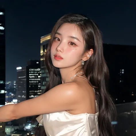 araffe woman in white dress standing on the roof with city lights in the background, beautiful south mulher coreana, tzuyu de duas vezes, Retrato de Jossi do Blackpink, gorgeous young mulher coreana,  coreana, taken at the beginning of 2020, bela jovem mul...