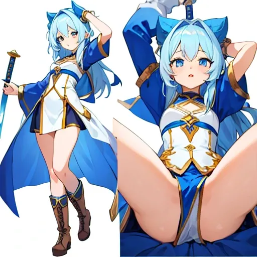 masterpiece, best quality, cute eyes, 1girl, solo, high fantasy costume, random pose,  ((white background)), full body, multiple views, boots, sword, sex pose, 