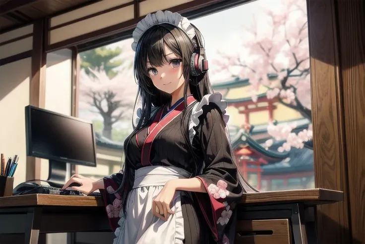 1girl, anime, black eyes, long black hair with square bangs, very long black hair, super long black hair, skirt and stockings, heels, black Japanese style kimono mixed with ribbed black sweater with red accents and sakura floral design, ((ribbed black swea...