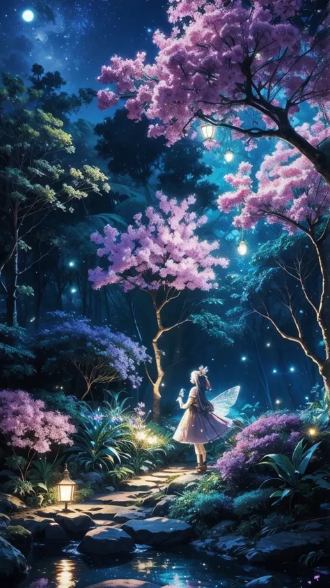 complex、Amazing fairy light show, With soft lighting, Delicately wrapped around trees in the jungle, The flowers are surrounded by bright colors, at night, ambient moonlight