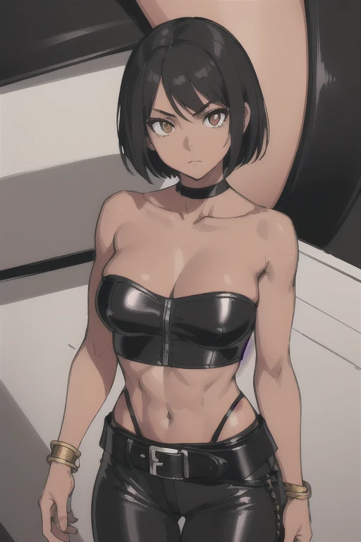 1girl, ((26 year old, Filipino Woman, tanned bronze skin:1.02, short black hair:1.3, Detailed Amber eyes:1.03, Detailed face, medium breasts, (Wearing: Strapless Black tube top, black leather pants, white belt, bracelets:1.2)), (midriff), (agile physique:1...