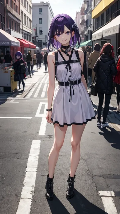 purple hair girl,medium hair,Harness,Street fashion,simple background,smile,Arms down,whole body,full body,full body,arm to the side,Standing picture,vtuber,front,from front,Viewer&#39;s perspective,視線をfrontに,