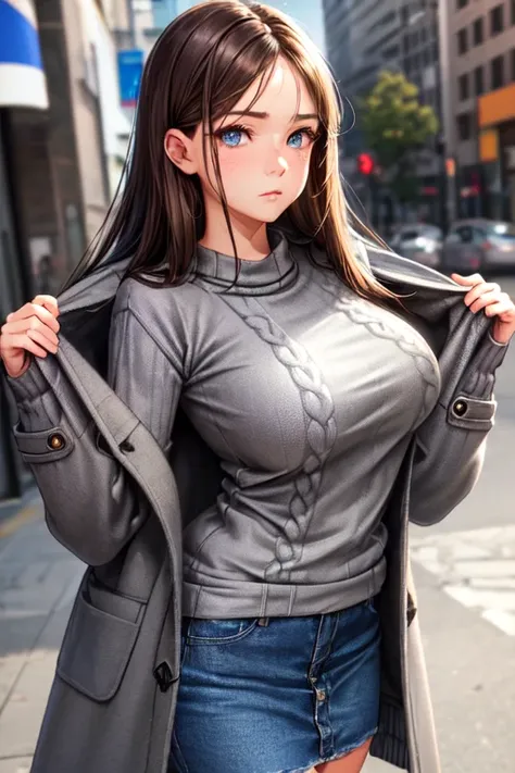 girl,expressionless,{(brown hair:1.2),medium hair,(straight hair:1.5),crossed bangs},(big breasts:1.2),{(gray sweater:1.5),break,lightblue denim skirt,break,(undressing black coat:1.3)},(fine eyes and skin:1.2),(detailed facial features:1.2),(perfect style...