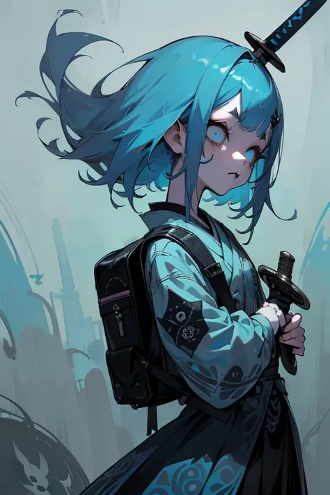 ((18-year-old punk girl,Unusual punk hair:1.3)),((Blue and white UK punk fashion:1.5)),(Light black and blue hair:1.5、long bangs:1.5、short hair)Studded clothing、((Holding a sword in his right hand:1.5))、((Small backpack on the back))、（narrow and small eyes...