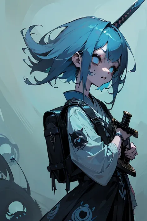 ((18-year-old punk girl,Unusual punk hair:1.3)),((Blue and white UK punk fashion:1.5)),(Light black and blue hair:1.5、long bangs:1.5、short hair)Studded clothing、((Holding a sword in his right hand:1.5))、((Small backpack on the back))、（narrow and small eyes...