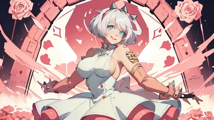 best quality,ultra-detailed,elphelt valentine,portrait,charming smile,detailed eyes,beautiful,vibrant colors,warm lighting, full body view,