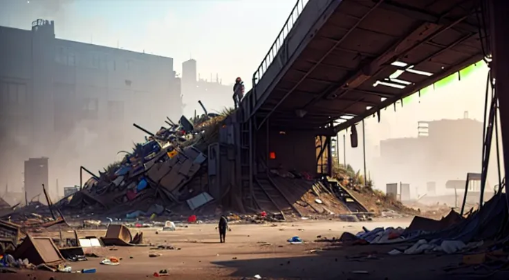  pile of trash , I feel sad, the focus is on standing on the pile of trash, big scene, Concept Original Art Style, Wasteland Style, 16k, no signature, 8k, super detailed, Award history, (intricate details), (very detailed), 8k HDR