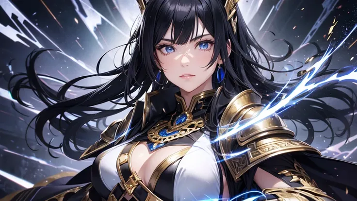 a mature woman, a china woman, Confident, mighty and strong, (black blue hair streaked sky blue luminous hair), ((Extra long high ponytail with single side ear front hair combed in back)), floating hair, hair strand, shiny hair, blue amber eyes, pupils spa...