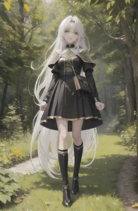 masterpiece,1girl:17 yo), best quality, fantasi knight outfit, white long hair, yellow eyes, outdoor (forest), book cover ,full body,