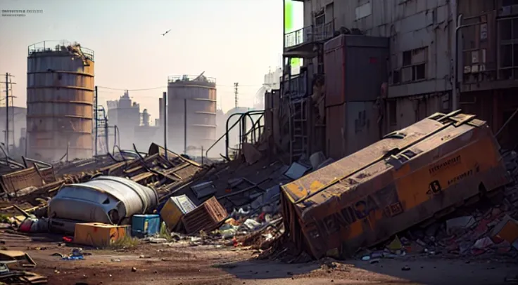 Hazardous substances, Pesticides, etc., heavy metal, Industrial waste into soil, pile of trash , I feel sad, the focus is on standing on the pile of trash, big scene, Concept Original Art Style, Wasteland Style, 16k, no signature, 8k, super detailed, Award...