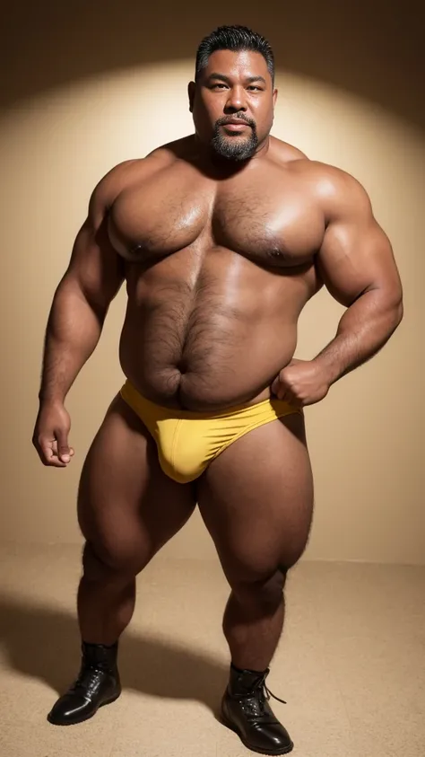 black hair, middle-aged man, individual, male, Muscular wrestler, muscular, Stout wrestler, Asian, Japanese, uncle, 55 year old middle-aged man, short hair, short hair, yellow wrestling boots, full body portrait, shadow, Vision, yellow briefs, obesity, 45 ...