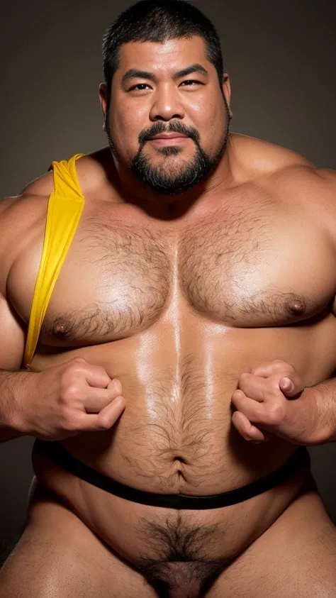 black hair, middle-aged man, individual, male, Muscular wrestler, muscular, Stout wrestler, Asian, Japanese, uncle, 55 year old middle-aged man, short hair, short hair, yellow wrestling boots, full body portrait, shadow, Vision, yellow briefs, obesity, 45 ...