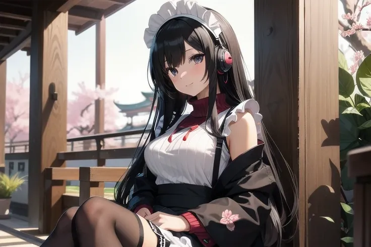 1girl, anime, black eyes, long black hair with square bangs, very long black hair, super long black hair, skirt and stockings, heels, black Japanese style kimono mixed with ribbed black sweater with red accents and sakura floral design, ((ribbed black swea...