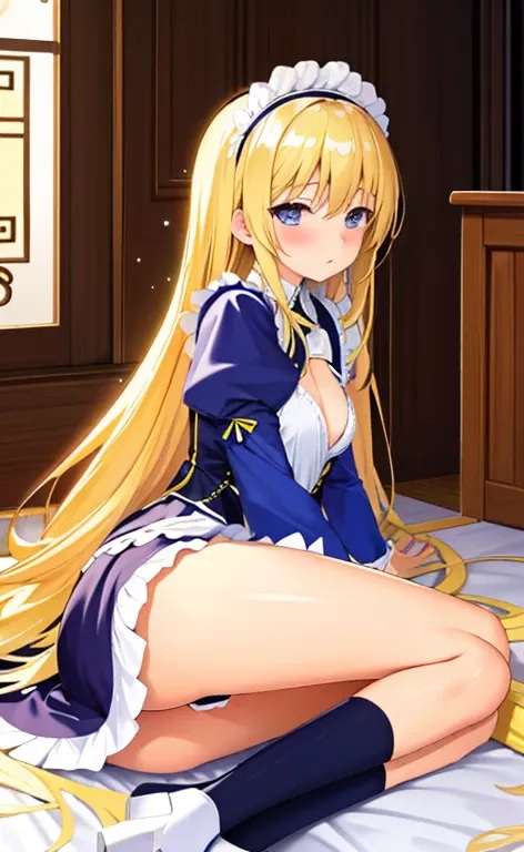 beautiful long blonde hair　open your legs　open your legs　Shyness　　Watery eye　night garden　　Tears overflow from my eyes　small tits　maid　lift up skirt　fullbody　Low - Angle　crawl on all fours　sidefellatio