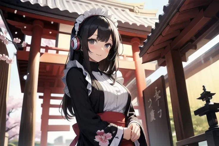 1girl, anime, black eyes, long black hair with square bangs, very long black hair, super long black hair, skirt and stockings, heels, black Japanese style kimono mixed with ribbed black sweater with red accents and sakura floral design, ((ribbed black swea...