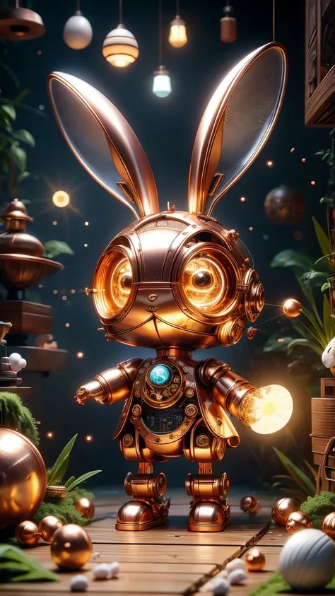 pixar style, (blind box toy style:1.2), cute mechanical rabbit wearing clothes，透明发light，霓虹灯light，high precision mechanical parts...