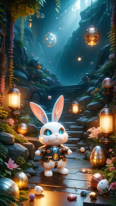 pixar style, (blind box toy style:1.2), cute mechanical rabbit wearing clothes，透明发light，霓虹灯light，high precision mechanical parts...