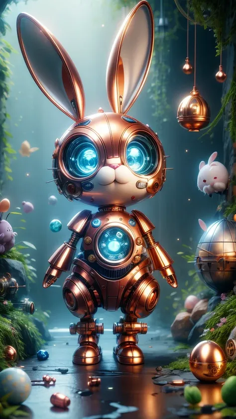 pixar style, (blind box toy style:1.2), cute mechanical rabbit wearing clothes，透明发light，霓虹灯light，high precision mechanical parts...