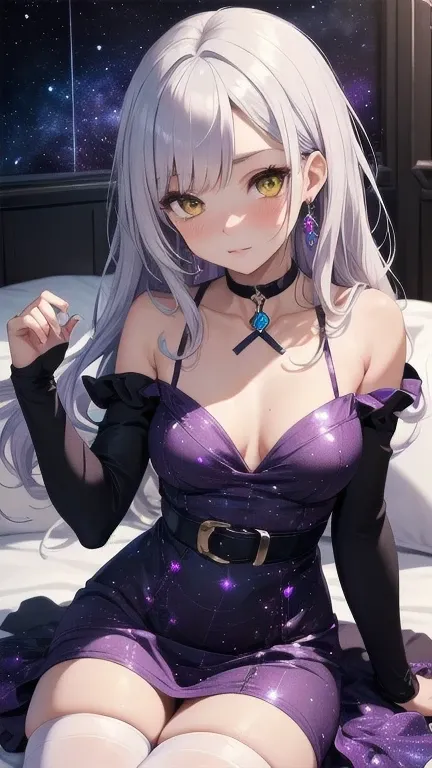 1girl, (masterpiece), best quality, expressive eyes, perfect face, (violet and yellow eyes), heterochromia, (purple galactic thighhighs), purple galactic print dress, lying in a bed, (wearing purple galactic print dress), jewelry, solo, white hair, silver ...