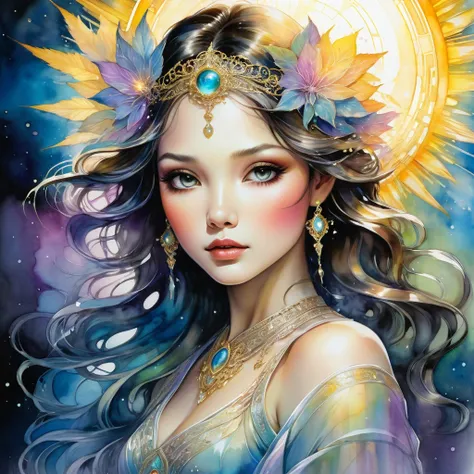 An awe-inspiring watercolor and ink masterpiece inspiring by Jasmine Becket-Griffith, featuring an enchanting, ethereal charming woman radiating celestial energy and holding a radiant light in her hands. Extraordinarily well detailed, serene and caring fac...