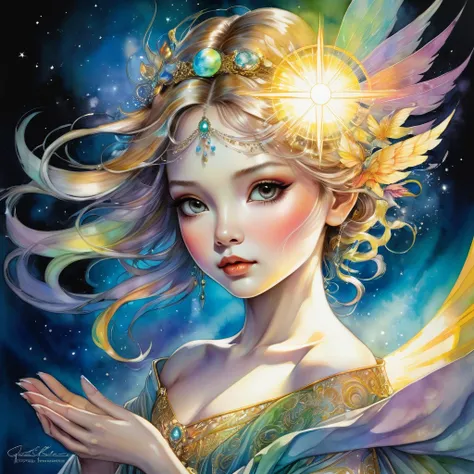 An awe-inspiring watercolor and ink masterpiece inspiring by Jasmine Becket-Griffith, featuring an enchanting, ethereal charming woman radiating celestial energy and holding a radiant light in her hands. Extraordinarily well detailed, serene and caring fac...