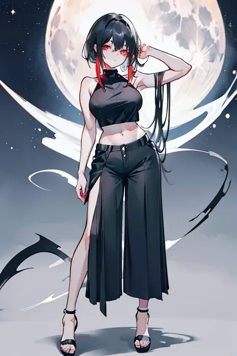 Una chica de cabello negro largo suelto,ojos rojo. Cuerpo completo pechos muy grandes con un lunar al lado Del ojo izquierdo, demon she is wearing a sleeveless top and pants with red hem and closed heels. cuerpo completo completo