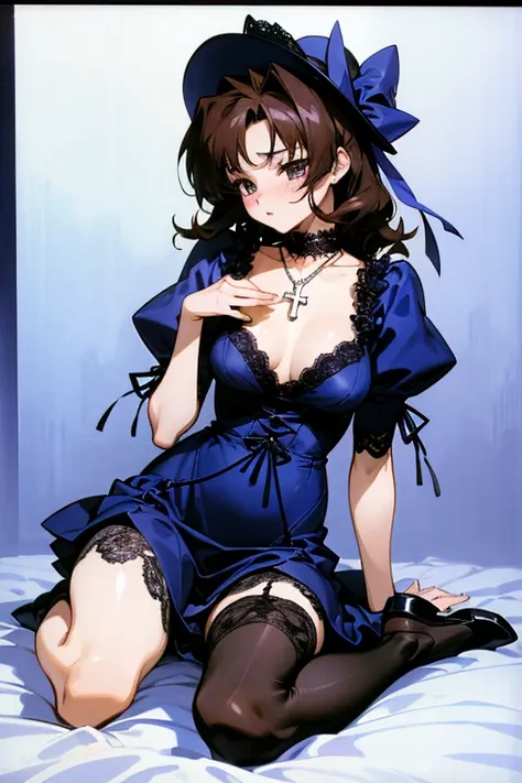 Akina Nakamori、Blue lace dress、25 years old、Beautiful woman、sexy、White cross necklace on chest、gothic style、miniature small hat、Sharp and cute、Beautiful woman、Upper grade、lace stockings、sexyポーズ、