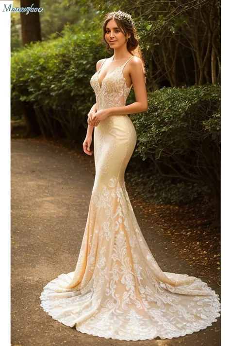 ((best quality:1.2)), ((masterpiece)), (detailed:1.2), 25 year old girl, proportional body and breasts, Slim Fit Mermaid Long Tail Gold Lace Flower Wedding Bridal Gown Evening Dress, (smile:0.8), night, mystical fireflies around her, moonbeams,