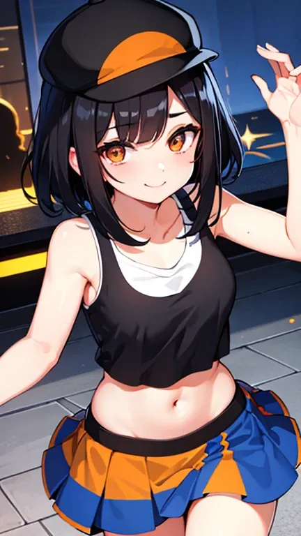 highest quality、Midsummer、black hair、short hair、orange eyes、black hat、white tank top、blue skirt、slouch、smile、Front facing