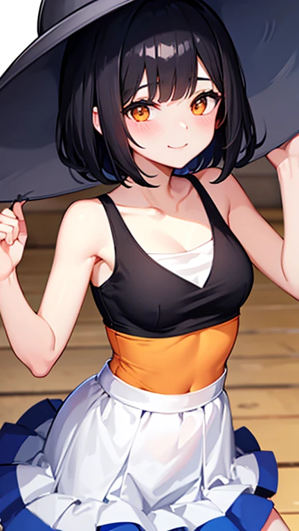 highest quality、Midsummer、black hair、short hair、orange eyes、black hat、white tank top、blue skirt、slouch、smile、Front facing