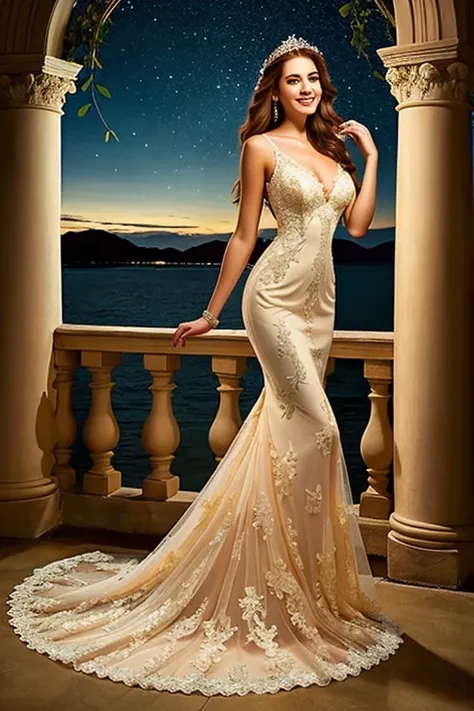 ((best quality:1.2)), ((masterpiece)), (detailed:1.2), 25 year old girl, proportional body and breasts, Slim Fit Mermaid Long Tail Gold Lace Flower Wedding Bridal Gown Evening Dress, (smile:0.8), night, mystical fireflies around her, moonbeams,